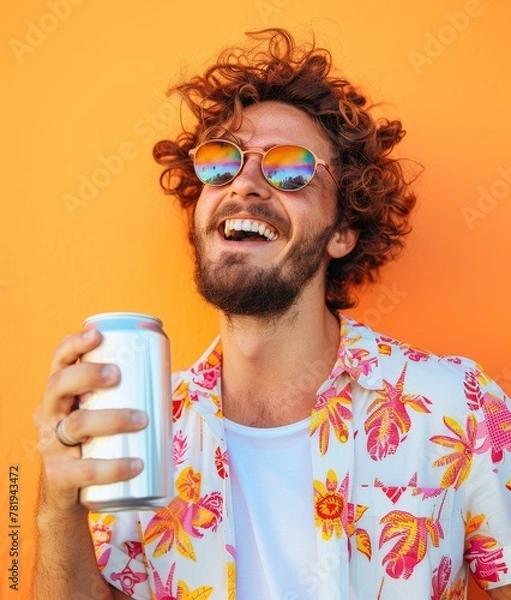 Fototapeta A man with a beard and glasses is smiling and holding a can of soda. The shirt he is wearing has a floral pattern