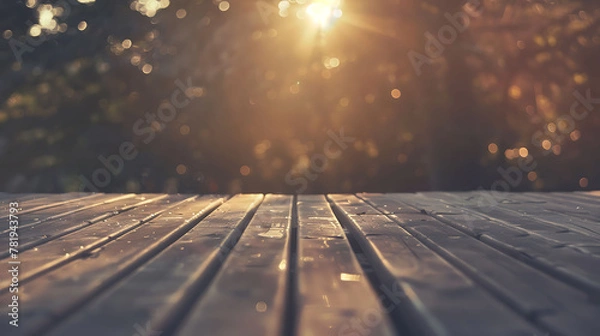 Fototapeta The warm sunlight shining through the trees creates a beautiful bokeh effect on the wooden table.