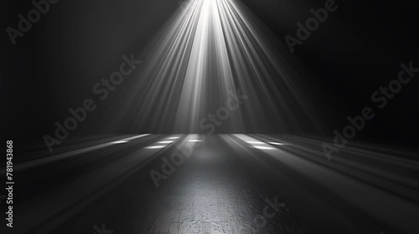 Fototapeta A spotlight shines down on a dark stage. The spotlight is surrounded by a soft, hazy light. The stage is empty, except for a few shadows.