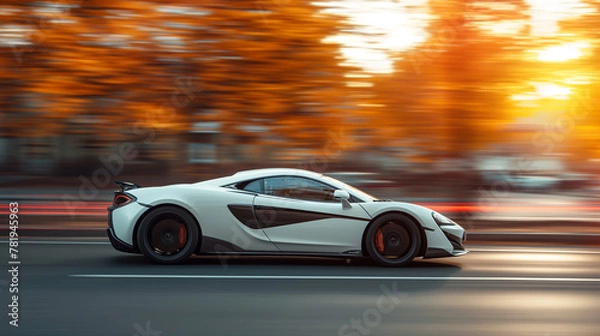 Fototapeta Silver Bullet Unleashed: A side view captures a white supercar vanishing in a hypnotic blur, leaving the Autobahn behind.