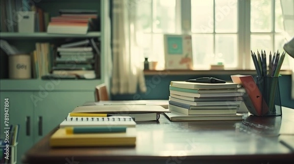 Obraz Study Table with Erasers and Books