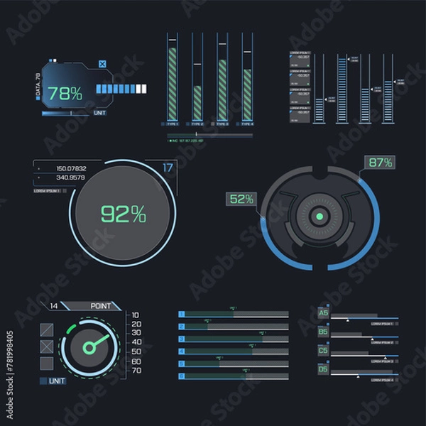 Fototapeta Futuristic user interface elements arrow, button, frame. 
Holographic elements of the hud user interface. 
A set of illustrations of interface icon. Panels, hologram window or display