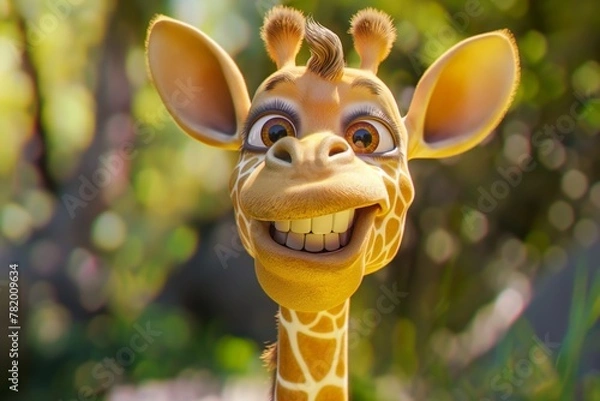 Obraz Cute laughing giraffe, in animated 3d cartoon style, with big eyes, smiling, with a happy expression on his face