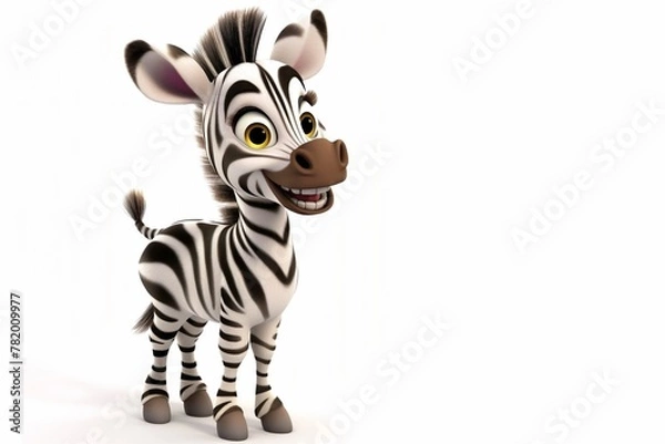 Obraz Cute laughing zebra, in animated 3d cartoon style, with big eyes, smiling, with a happy expression on a white background