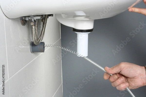 Obraz Plumber using a drain snake to unclog a sink...