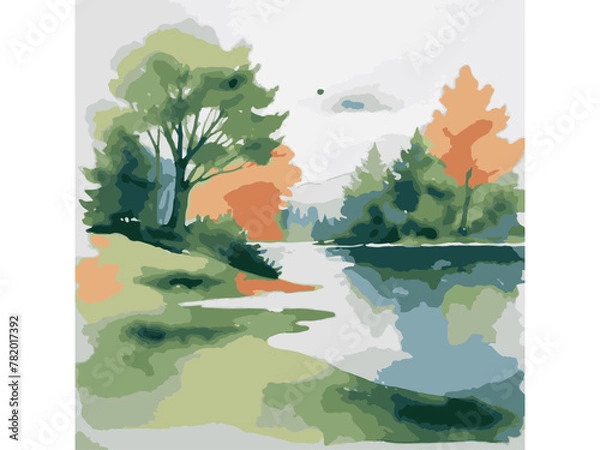 Obraz Watercolour Vector  Watercolour World Image A watercolor painting of a lake with trees and bushes.