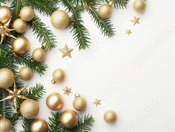 Fototapeta Christmas holidays card background with fir branches and balls, on the white background with space for text, golden decorations, with empty space 