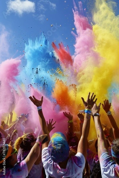 Fototapeta A colorful explosion as runners are showered with Holi powder during a vibrant cultural-themed run