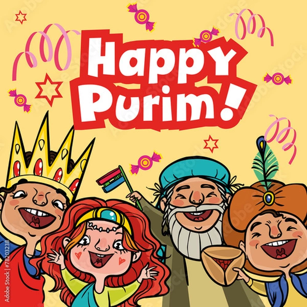 Obraz Funny Happy Purim greeting card. Vector illustration