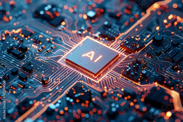 Obraz A computer motherboard with a state-of-the-art AI processor. AI generative.