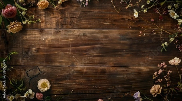 Obraz Antique wooden country table with flowers and floral design, wood texture and rustic flatlay background