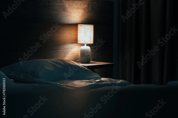 Fototapeta The cozy bed in the hotel at night with yellow night lamp. The light from the lamp reflects on the wooden wall. Toned image with copy space for you text.