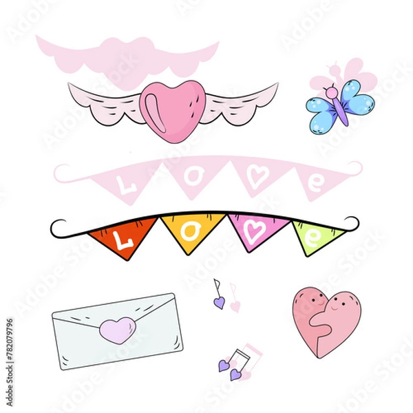 Obraz Love set. Cartoon illustrations with heart elements