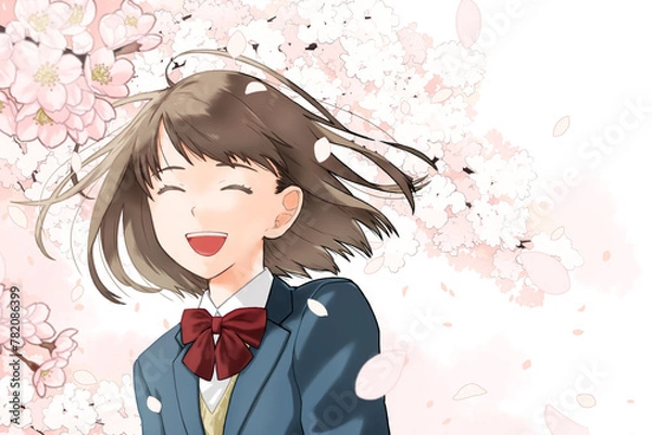 Fototapeta 桜を背景に笑っている女子学生