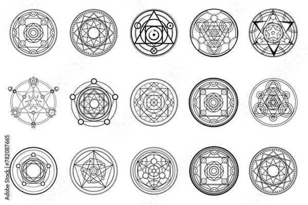 Fototapeta A large set of magic circles. Alchemical magic circles for witchcraft