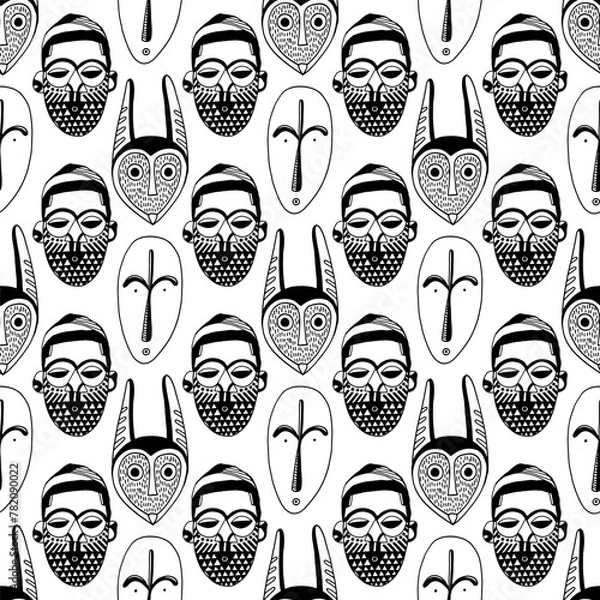 Obraz African masks - seamless pattern. Line art background design. Hand drawn outline artwork