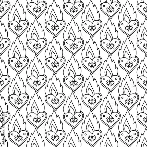 Fototapeta Alchemy flaming hearts seamless pattern. Doodle line art background design. Hand drawn cute artwork