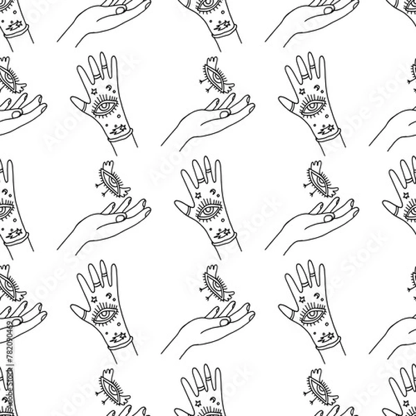 Obraz Alchemy hands and eyes seamless pattern. Doodle line art background design. Hand drawn cute artwork