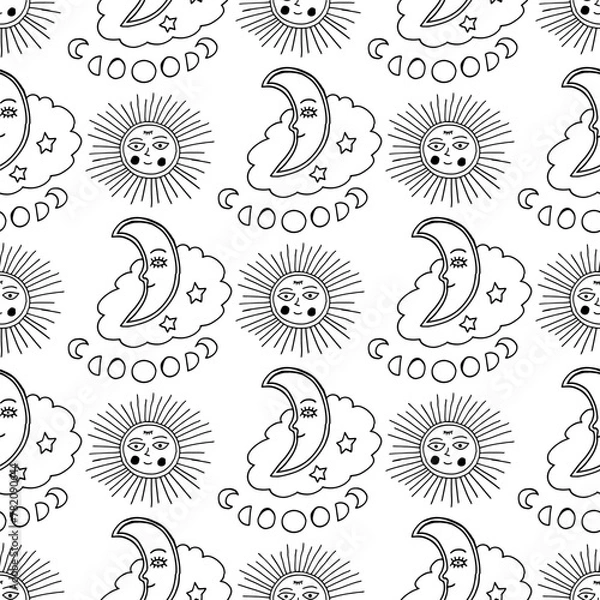 Fototapeta Alchemy sun and moon phases seamless pattern. Doodle line art background design. Hand drawn cute artwork