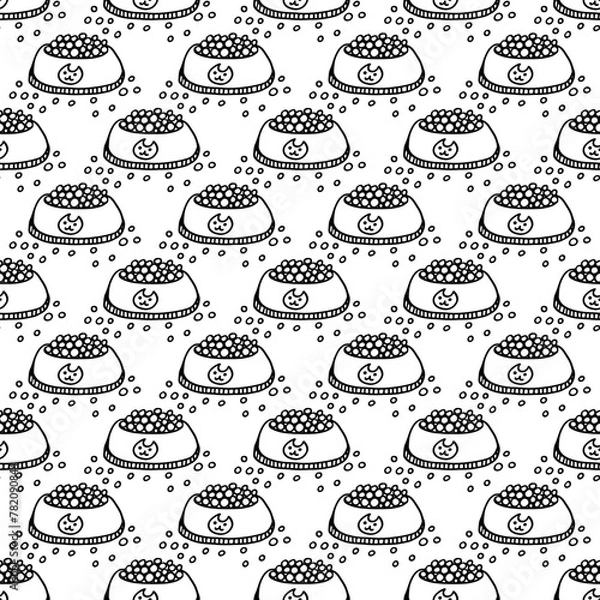 Obraz Cute cat s food bowl - doodle seamless pattern. Hand drawn cute line art design. Outline artwork