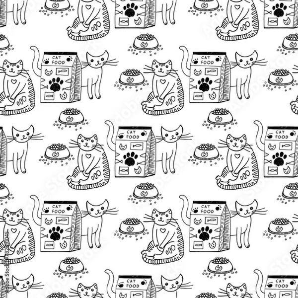 Obraz Cute cat and food - doodle seamless pattern. Hand drawn cute line art design. Outline artwork