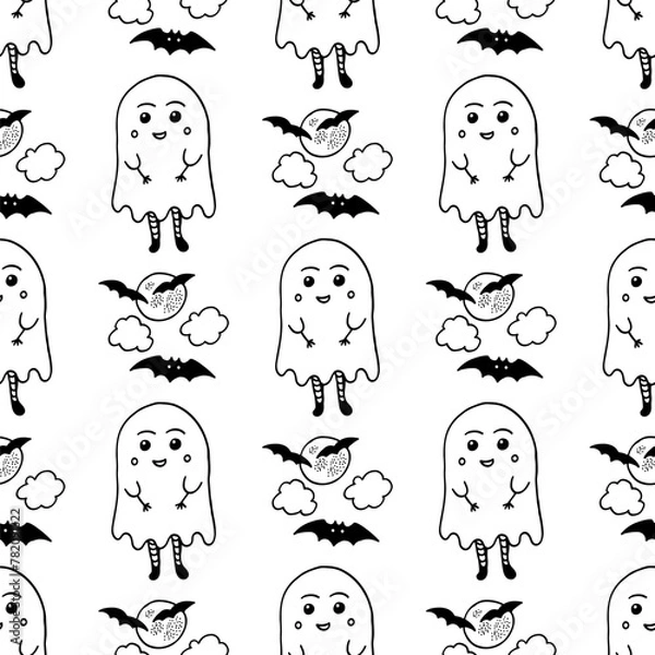 Obraz Halloween seamless pattern with ghosts and batss. Doodle cartoonish line art design. Hand drawn cute illustration