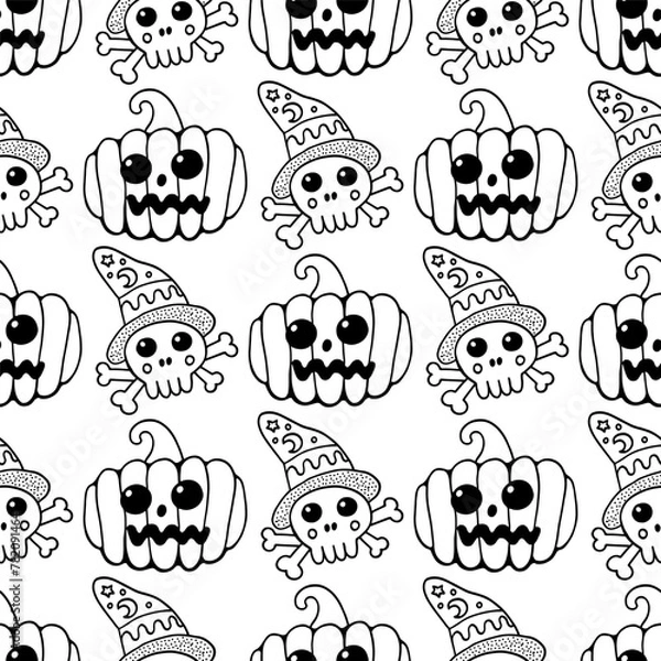 Obraz Halloween seamless pattern with skulls and pumpkins. Doodle cartoonish line art design. Hand drawn cute illustration