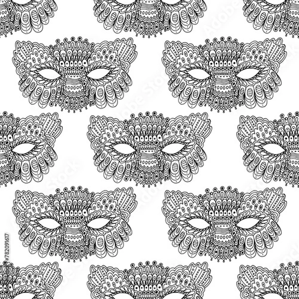 Obraz Mardi gras mask seamless pattern. Line art venetian carnival masks. Doodle outline design artwork.