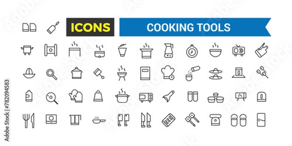 Fototapeta Cooking Tools Icons Set, Set Of Kitchen Essentials, Tableware, Cutlery, Dishes, Plates, Jug, Ladle, Baking Sheet, Paper Mill, Cheese Slicer, Salt Shaker, Spatula Vector Icon, Vector Illustration