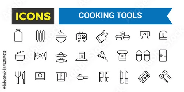 Fototapeta Cooking Tools Icons Set, Set Of Kitchen Essentials, Tableware, Cutlery, Dishes, Plates, Jug, Ladle, Baking Sheet, Paper Mill, Cheese Slicer, Salt Shaker, Spatula Vector Icon, Vector Illustration