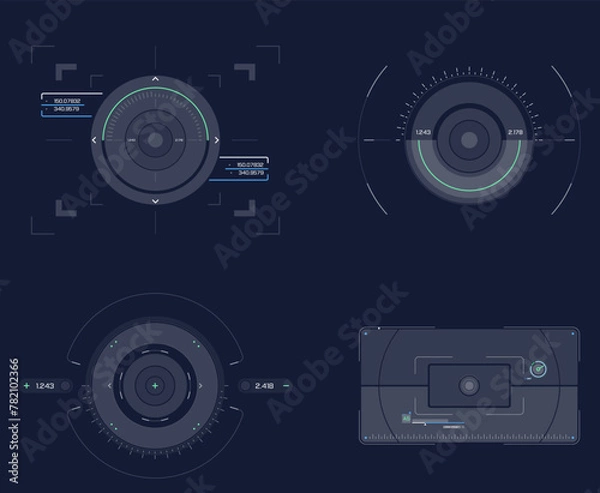 Fototapeta Sniper aim pointer. UI, HUD technology aiming, weapon military futuristic sights. 
Weapon targeting pointers, aiming mark and aims target sight marks or targets. 