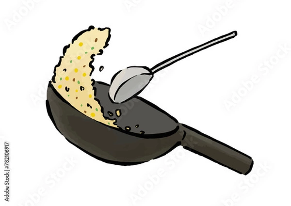 Obraz チャーハンを炒める、中華鍋をあおる線画イラスト
