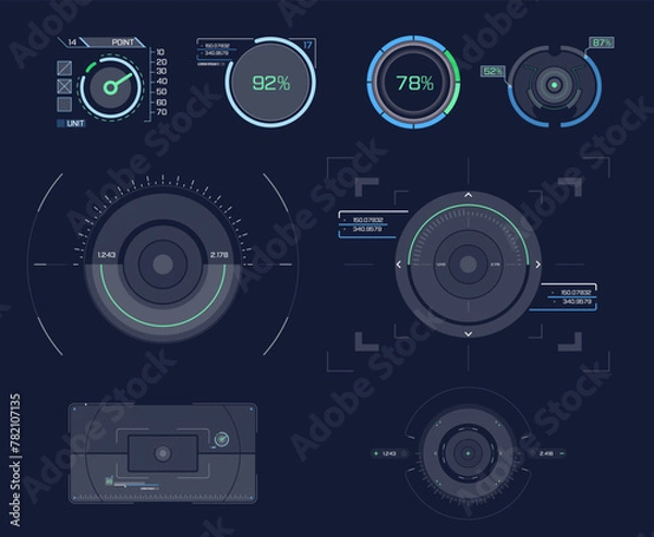 Fototapeta Sniper aim pointer. UI, HUD technology aiming, weapon military futuristic sights. 
Weapon targeting pointers, aiming mark and aims target sight marks or targets. 
