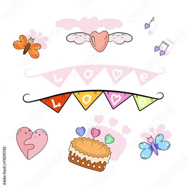 Obraz Love set. Cartoon illustrations with heart elements