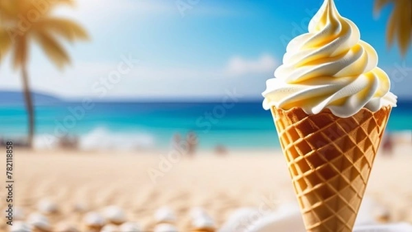 Fototapeta soft ice cream in a waffle cone against the backdrop of the seashore