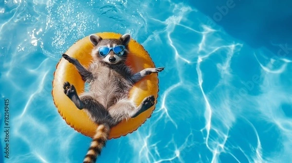 Fototapeta Raccoon enjoying a fun summer swim with pool toy