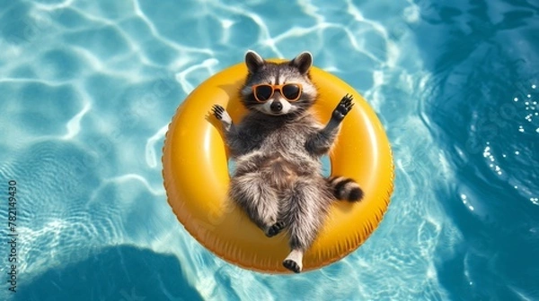 Fototapeta Raccoon Relaxing and Floating in Swimming Pool