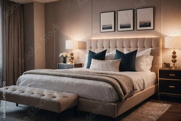 Fototapeta Beautiful bedroom interior with a warm and comfortable feeling.