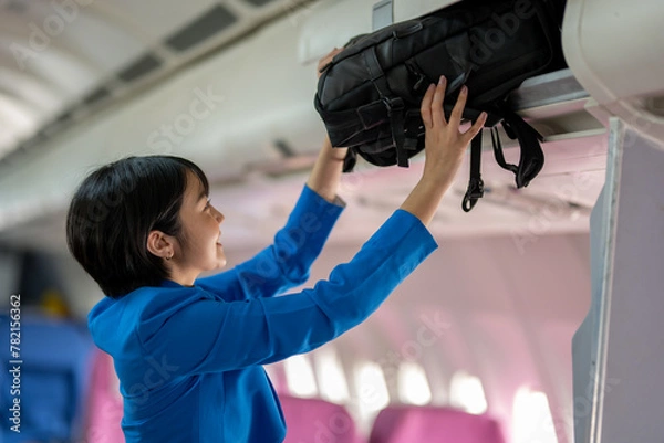 Fototapeta A traveler in a blue jacket is placing her carry-on bag into the overhead storage compartment on an airplane.