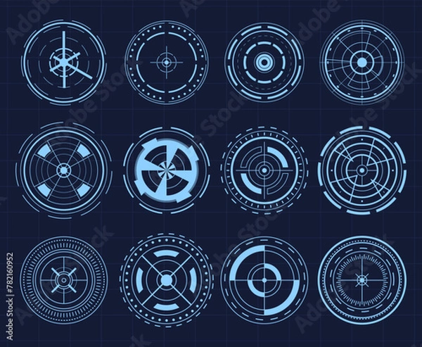 Fototapeta Sniper aim pointer. UI, HUD technology aiming, weapon military futuristic sights. 
Weapon targeting pointers, aiming mark and aims target sight marks or targets. 