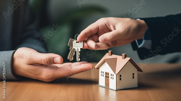 Fototapeta Realtor handing over house keys to client. Landlord gives the keys  to  new tenant, homeowner