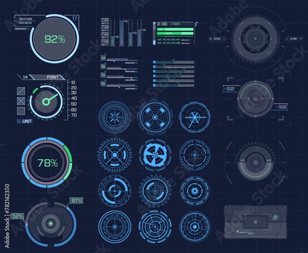 Fototapeta HUD UI for business app. Futuristic user interface HUD and Infographic elements. 
UI hud infographic interface screen monitor radar set web elements