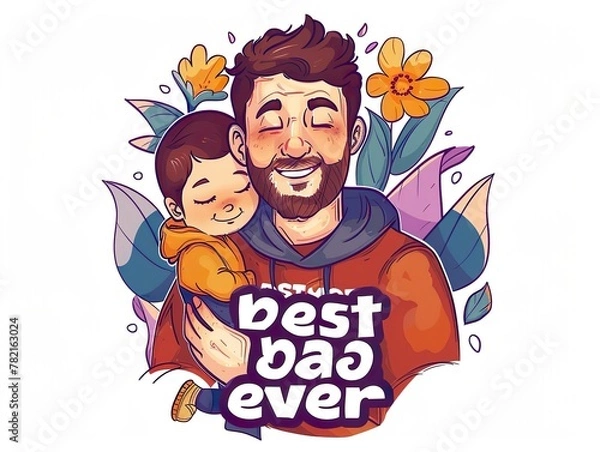 Obraz design with the text "best dad ever", vector, a men with his child , with a white background, a detailed colorful illustration,contour, sticker style clipart png transparent white background no