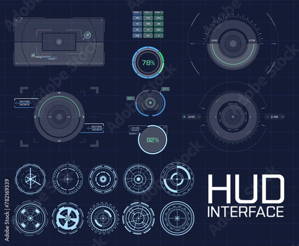 Fototapeta Circle Abstract digital technology UI,UX Futuristic HUD, FUI, 
Virtual Interface. Callouts titles and frame in Sci- Fi style. Bar labels, 
info call box bars. Aim