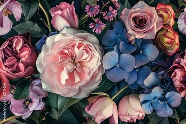 Fototapeta Beautiful Bouquet of Pink, Blue and Red Flowers on Black Background, Floral Arrangement for Special Occasions