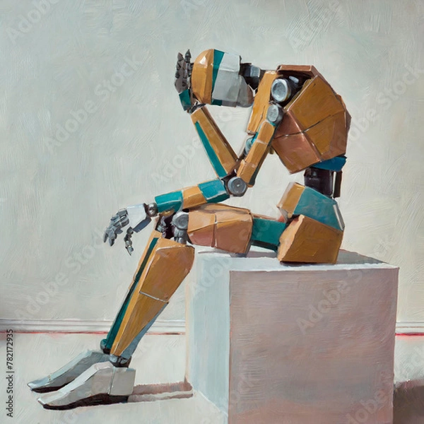 Fototapeta An oil painting of a lonely sad robot sitting over a white cube