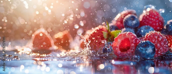 Fototapeta Berries with sparkling water droplets macro shot