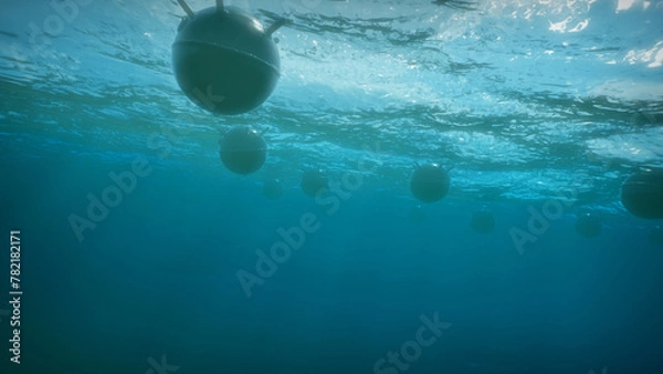 Fototapeta Mines float on the waves in the ocean