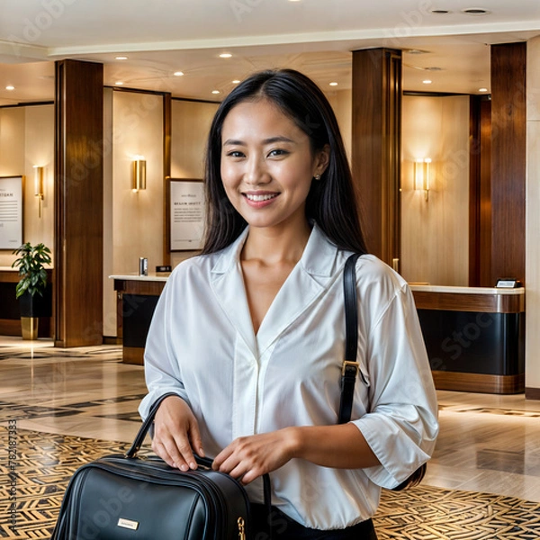 Obraz Female traveler arriving at hotel