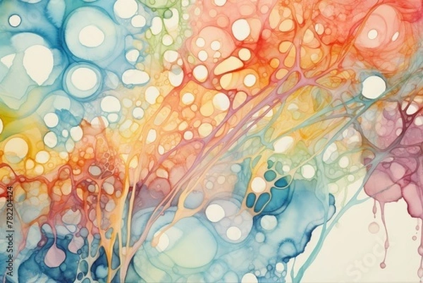 Obraz Abstract interpretation of biofilm formation on culture media, rendered in watercolor, highlighting the fluid dynamics and organic patterns in a spectrum of colors